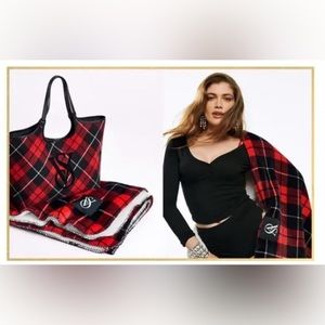 Victoria's Secret Tartan Red Plaid Tote Bag & Cozy Plush Blanket *2 Piece Set